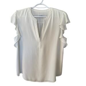 CALVIN KLEIN WHITE FLOUNCE CAP SLEEVE V-NECK POLYESTER LINED TOP SIZE MEDIUM